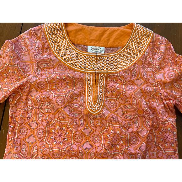 Talbots Stretch Womens Blouse Small Boho Tunic Mandala Orange Decorative Trim - Picture 7 of 10